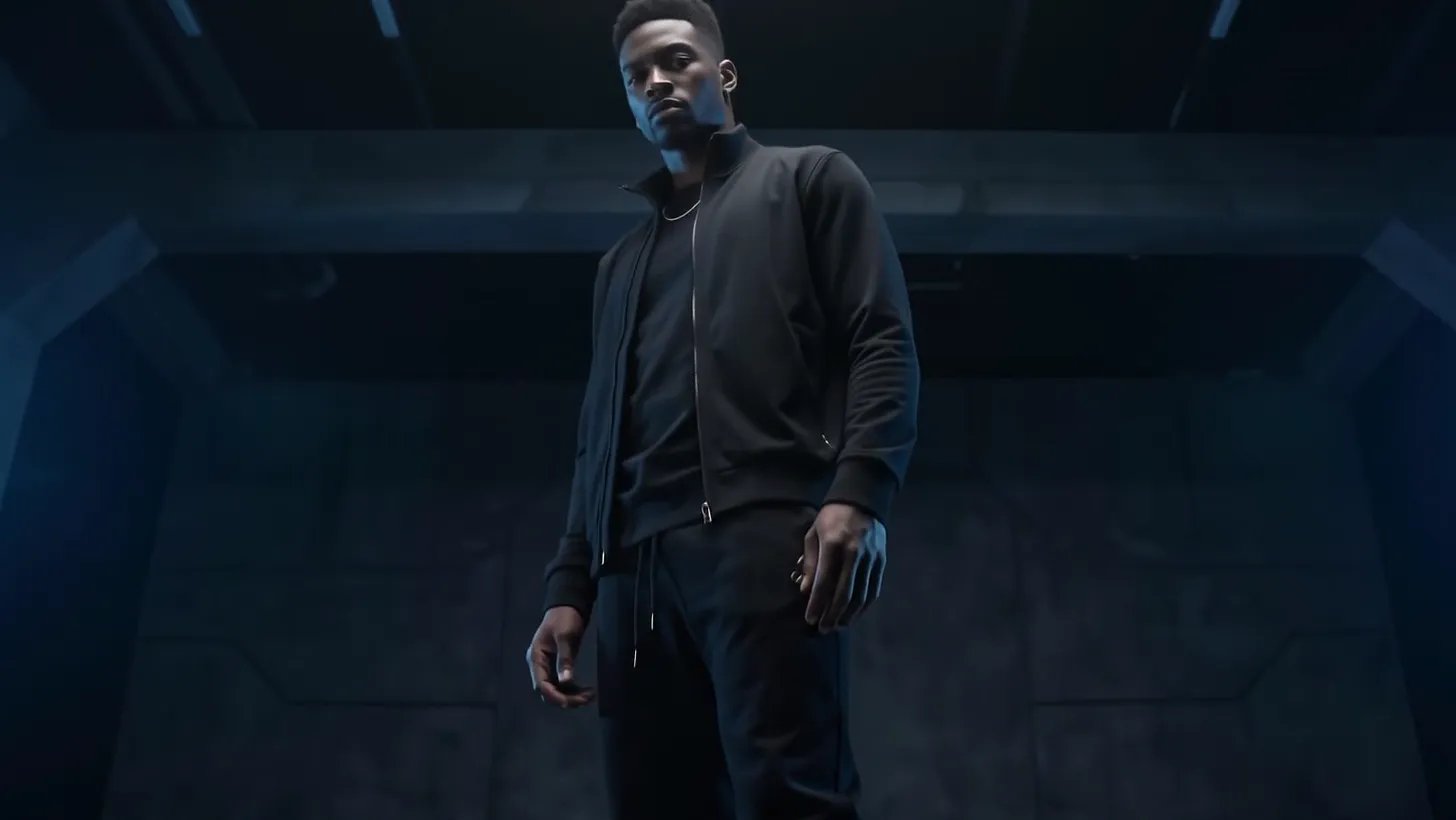 Full-length shot of the wearer standing in a concrete corridor