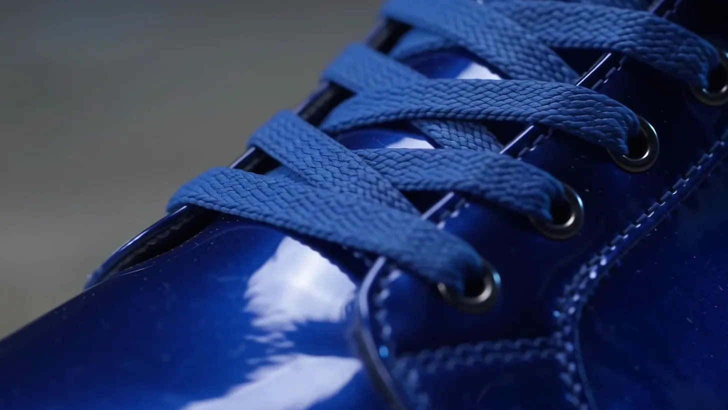 The glossy toe cap reflecting soft grey light