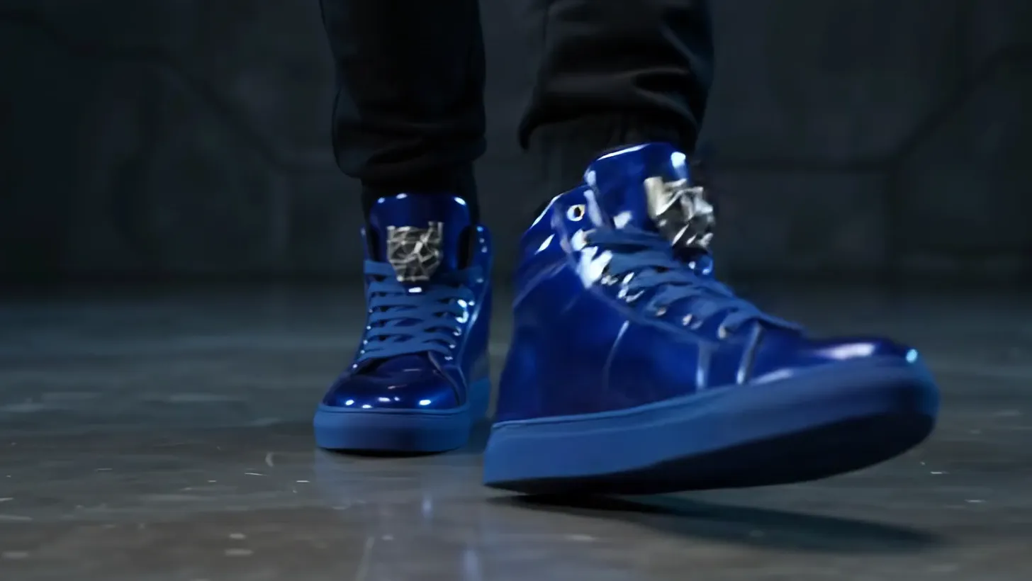 Mid-stride, both cobalt shoes catching the light on a wet concrete floor