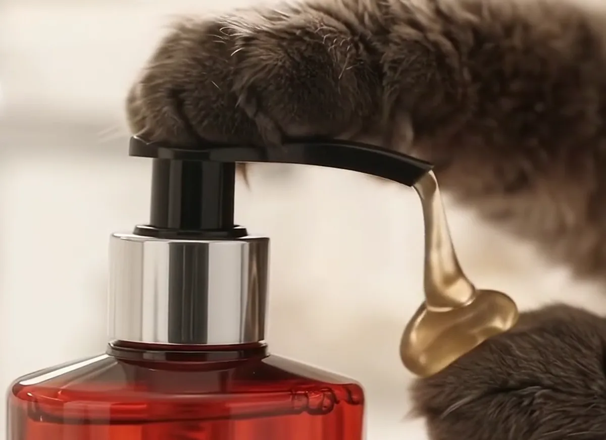 A paw pressing the pump, a golden drop of wash falling