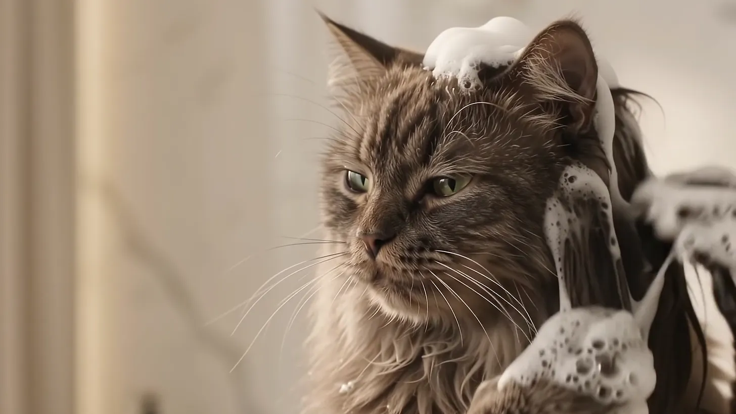 A cat calmly working foam through the fur on its head