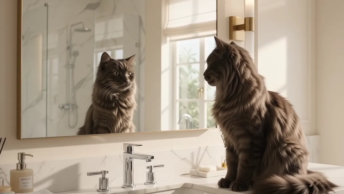 A long-haired brown cat sitting on a marble vanity, looking at itself in the bathroom mirror