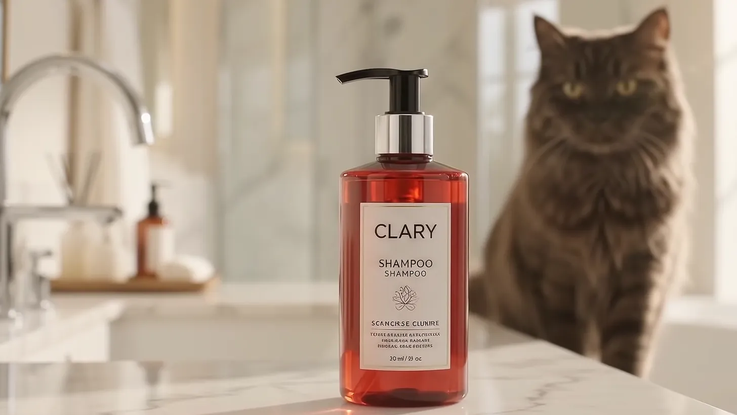 The red bottle of Clary No.1 on the vanity, the freshly washed cat sitting behind it