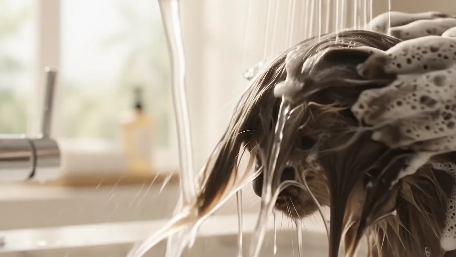 Warm water running through a lathered coat
