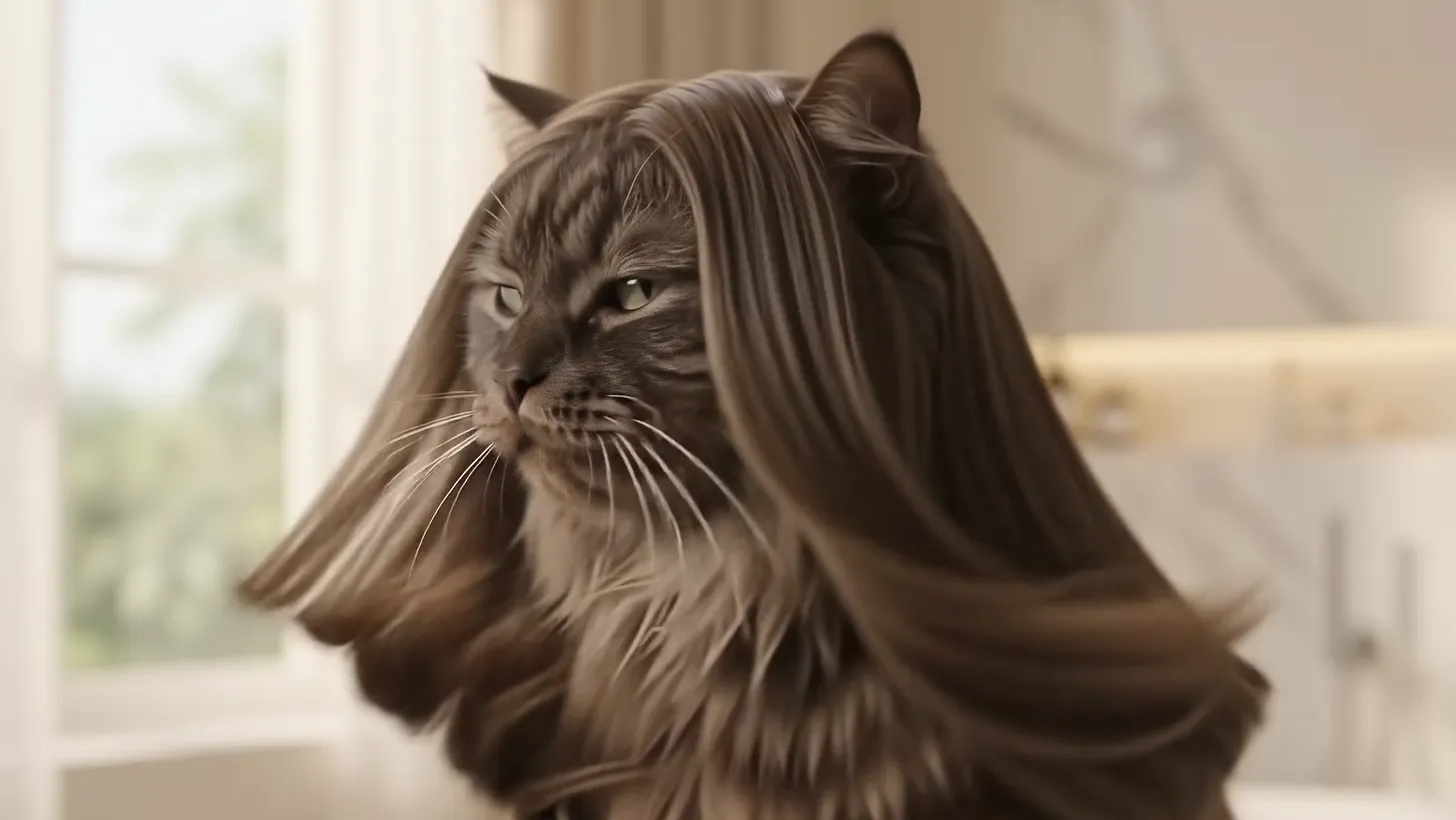 After: the same cat with a long, glossy coat falling straight