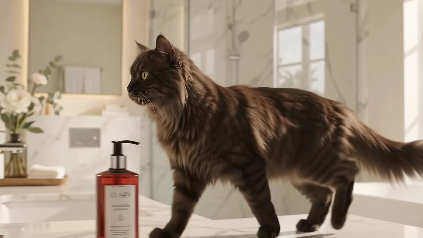 The cat walking along the vanity past the bottle