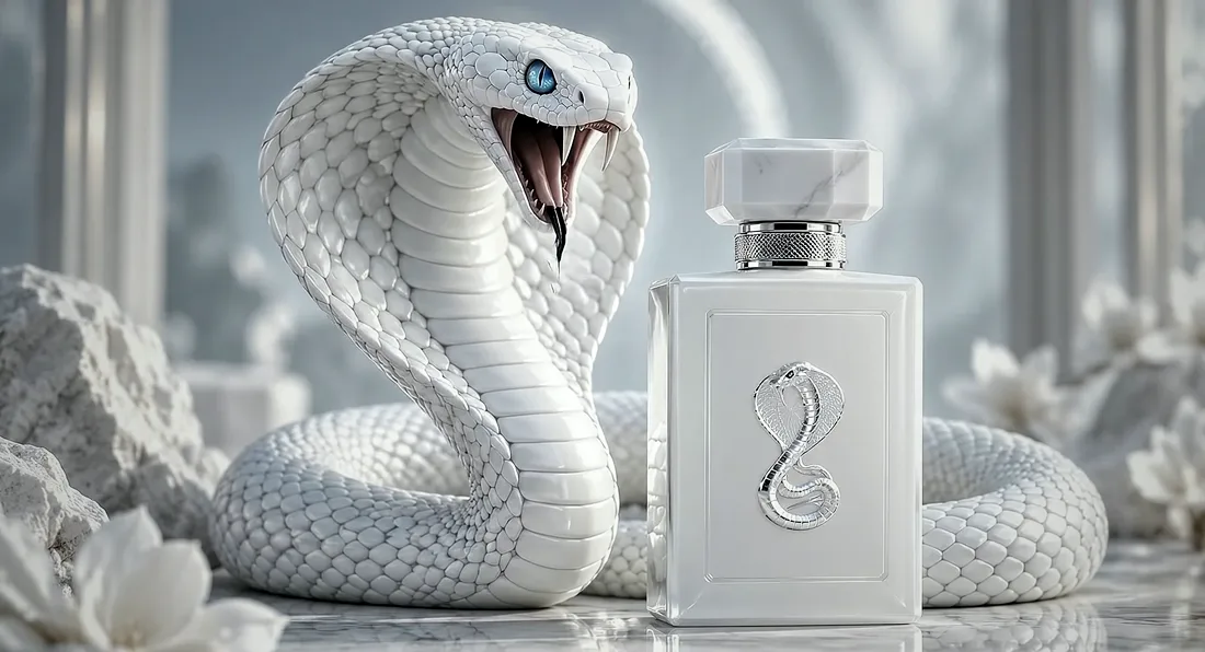 The Naja bottle in white glass with a silver cobra emblem and marble cap, the snake coiled beside it