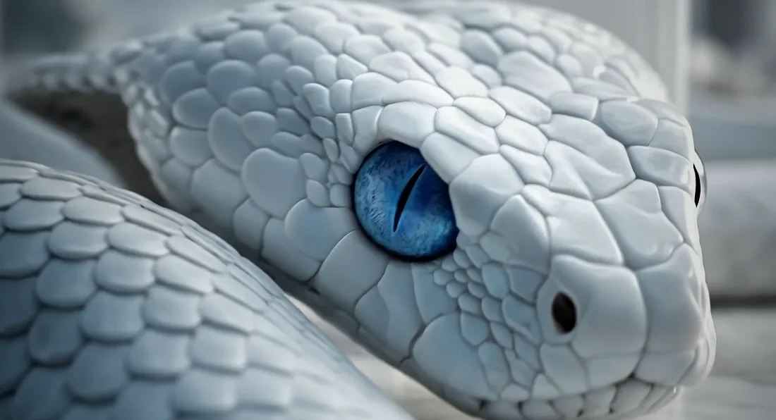 Extreme close-up of the cobra's blue eye among white scales