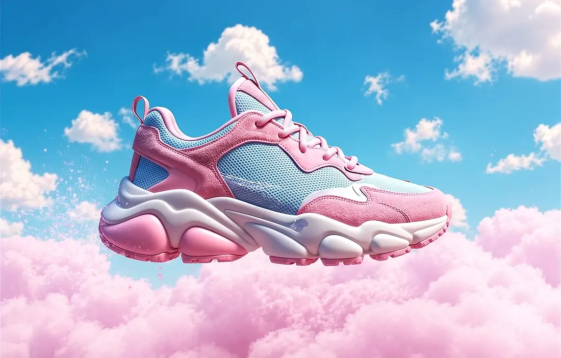 The completed Nimbus 01 sneaker in profile above the clouds