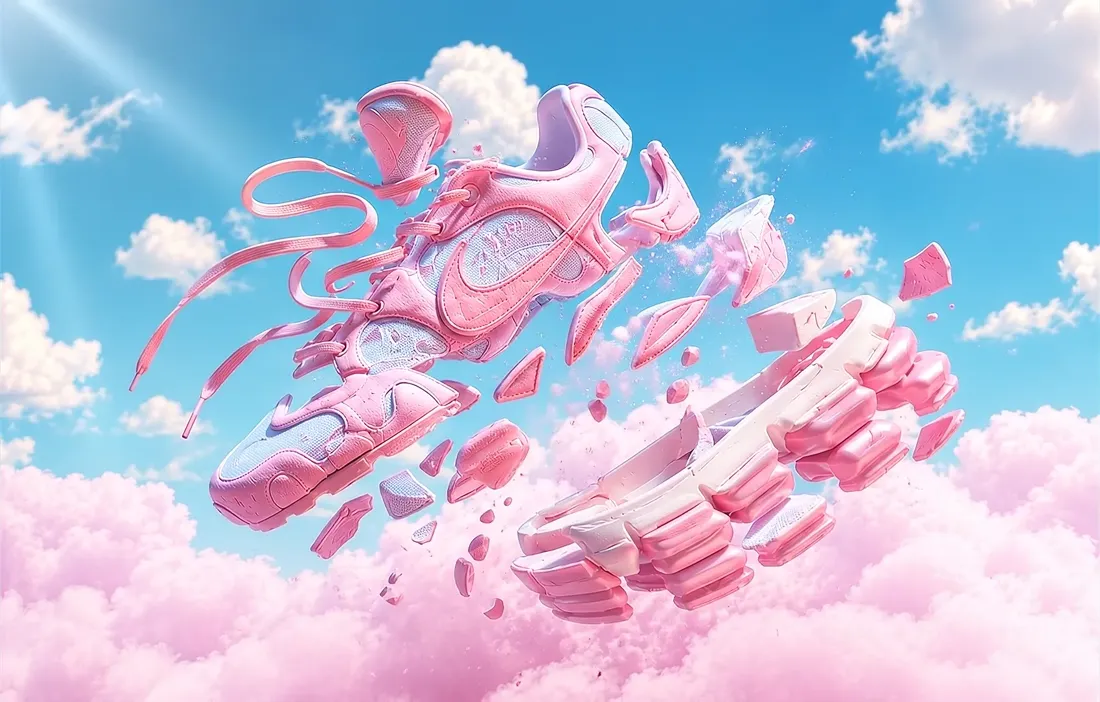 Sneaker components suspended separately in open sky