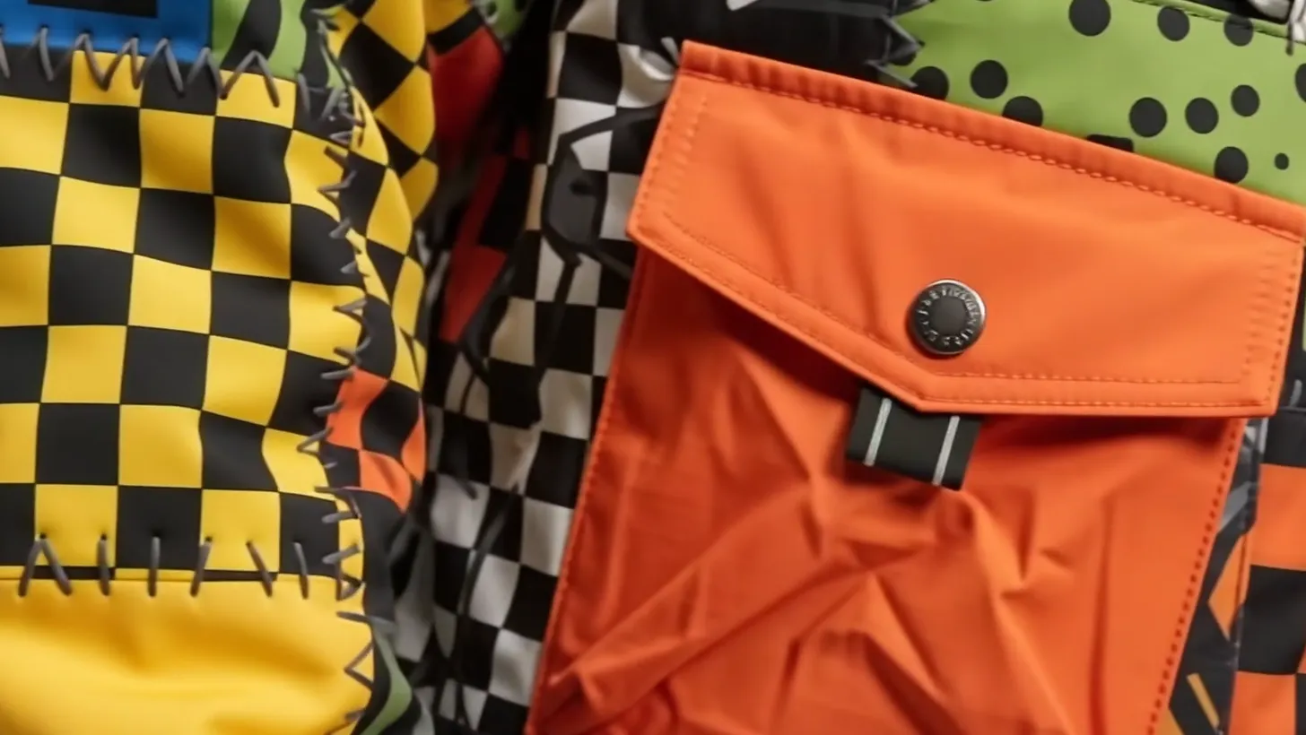 An orange nylon cargo pocket with a snap, set into a checkered sleeve