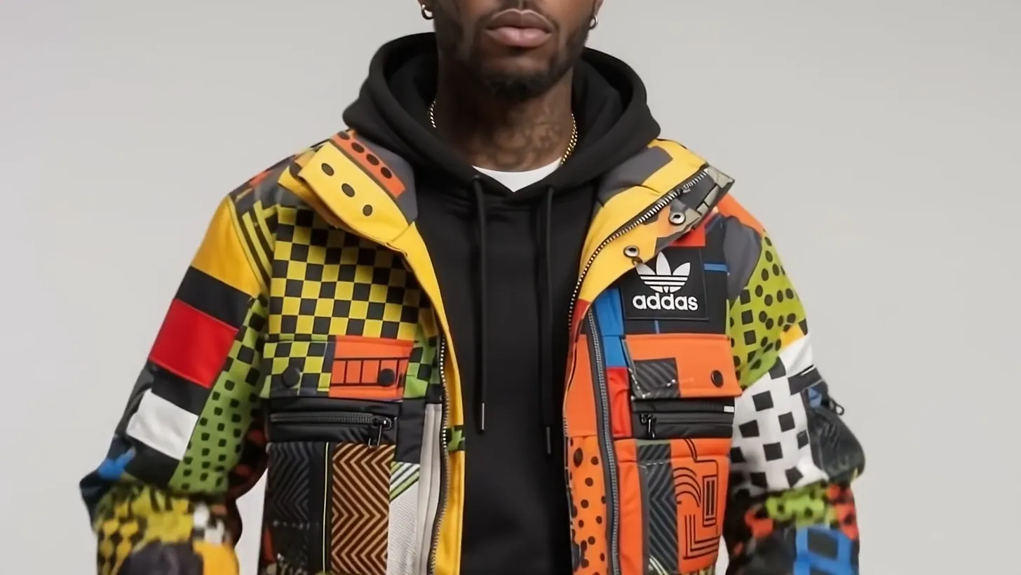 The wearer facing camera in the patchwork puffer over a black hoodie