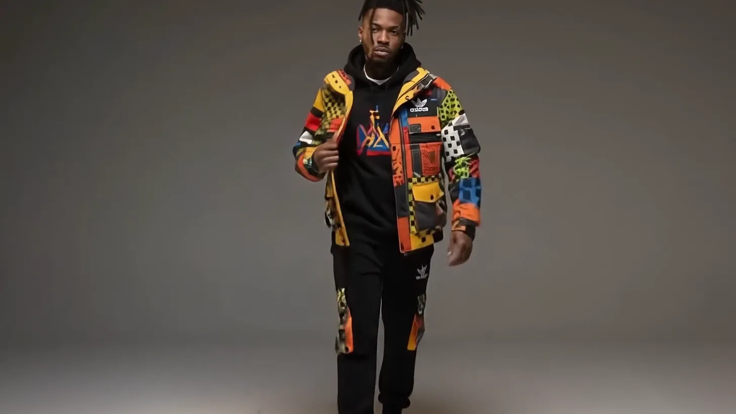 Full-length shot of the wearer in the jacket, black trousers and boots, in a grey studio