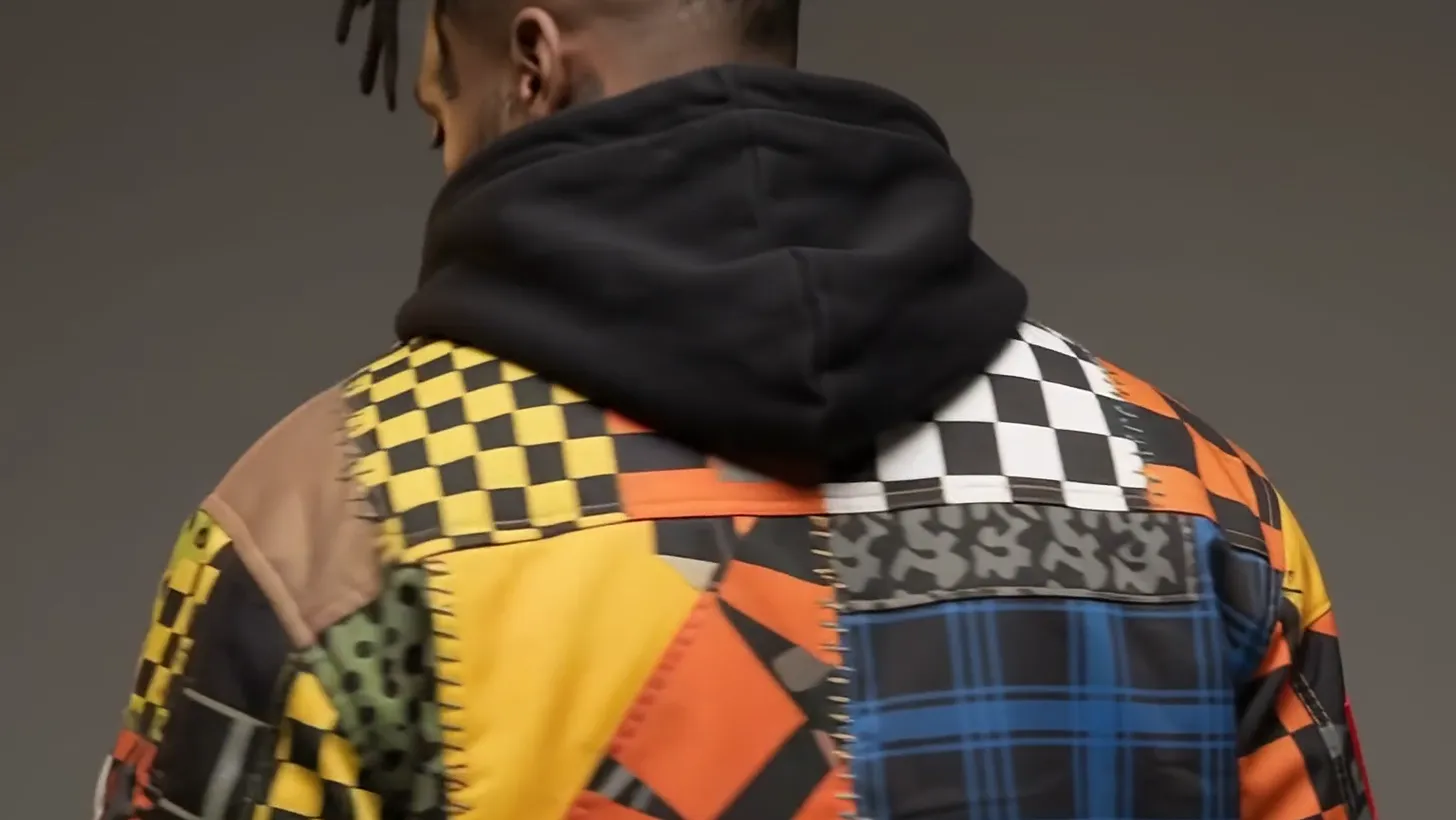 The shoulder of the jacket in warm light