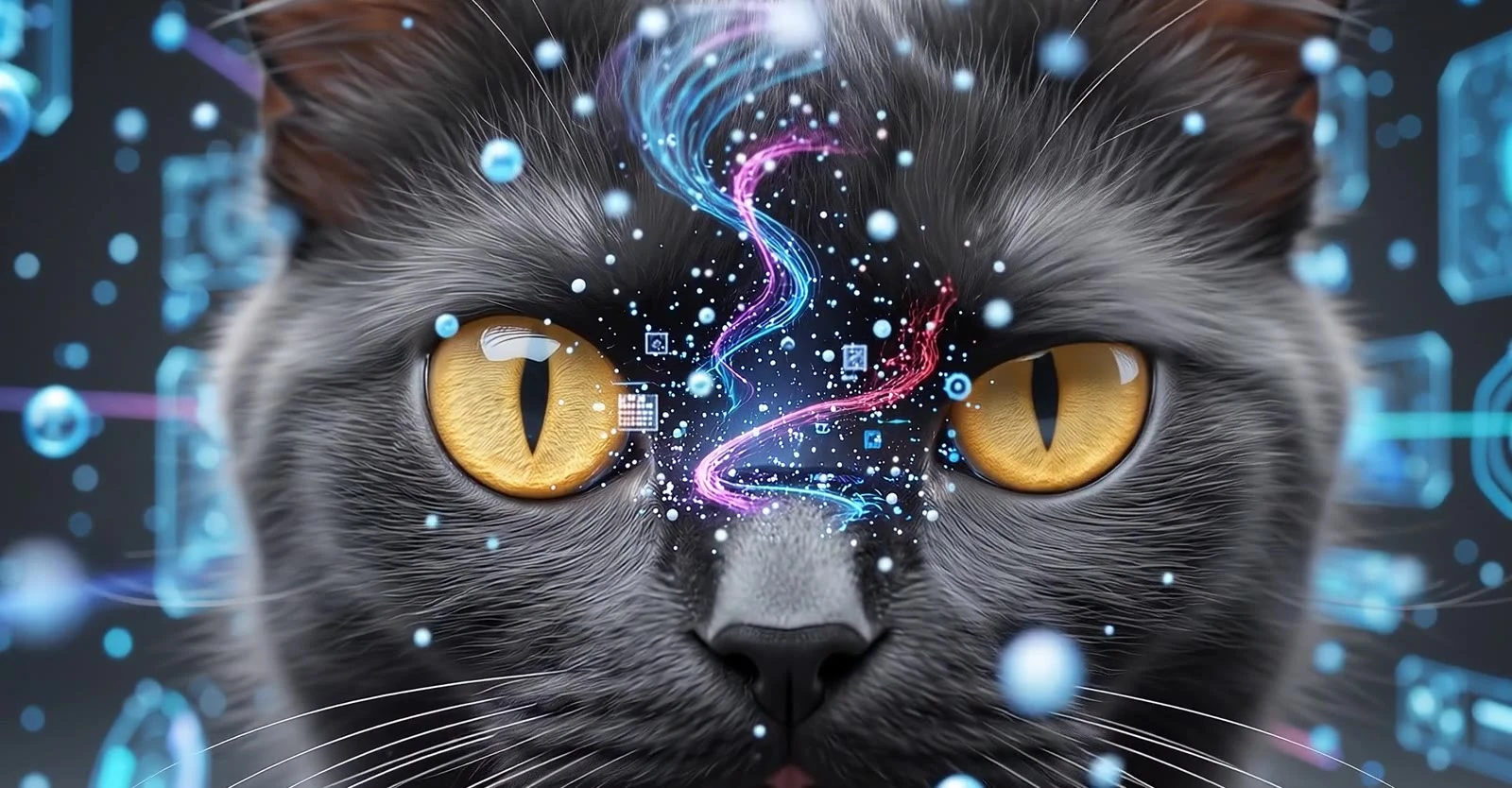 A close-up of Luna's golden eyes surrounded by luminous particles