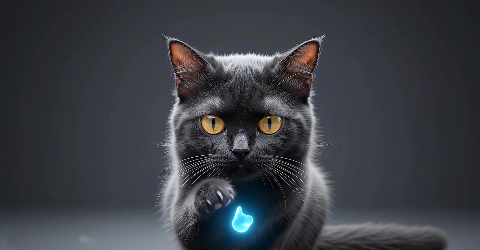 Luna lifting her paw toward a blue glow