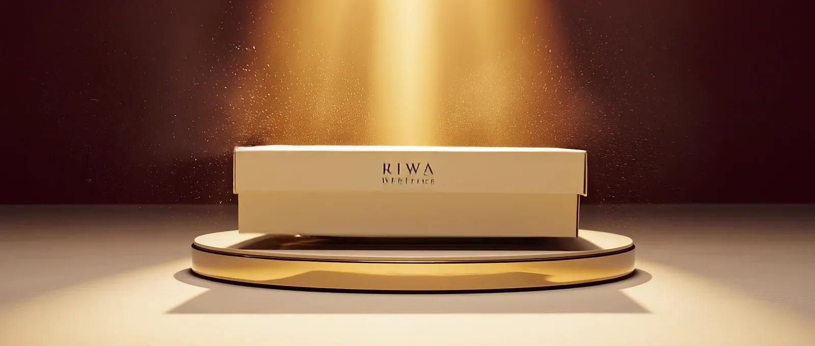 The ivory RIWA box on a gold plinth under a warm light
