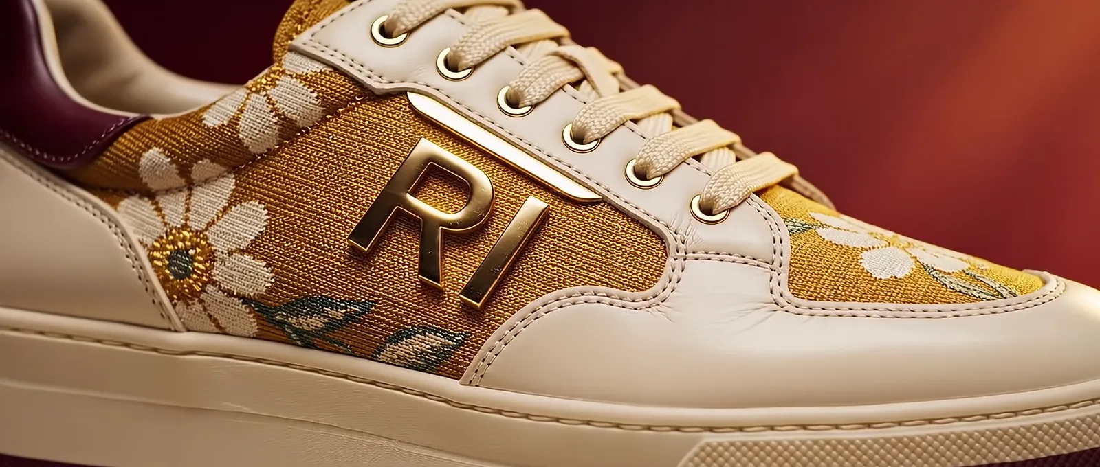 Close-up of the cast gold RI crest on an embroidered side panel