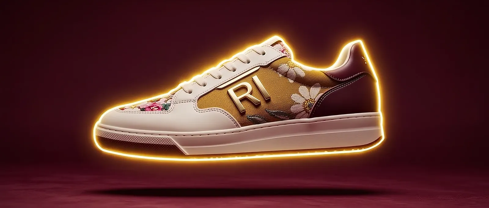 The sneaker outlined in gold light on maroon