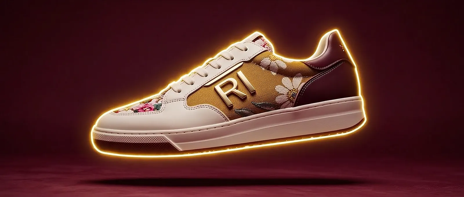 The sneaker in profile, glowing gold on a maroon ground