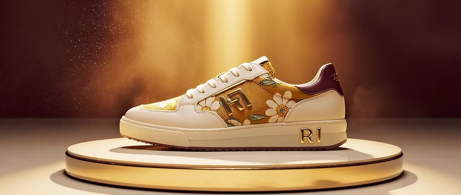 The sneaker on its plinth, showing the hand-embroidered white florals on a golden woven panel