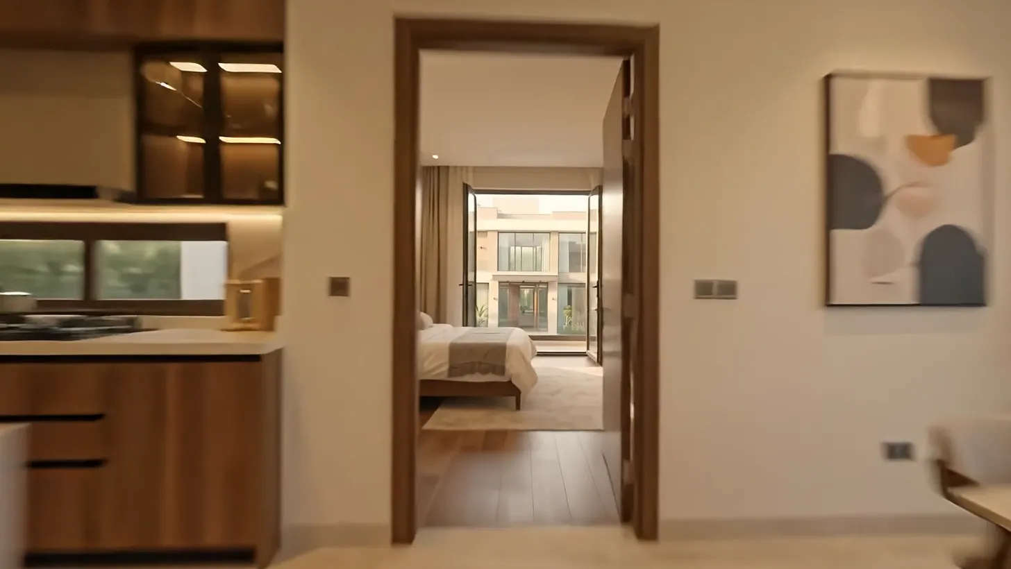 The dining area beside a walnut doorway to the suite
