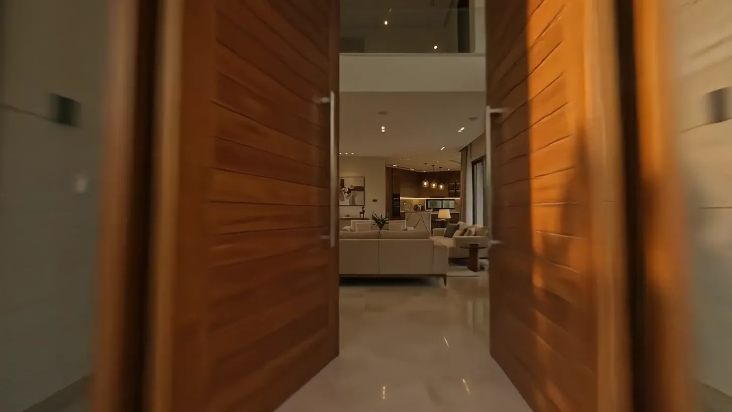 The tall walnut pivot door swinging open