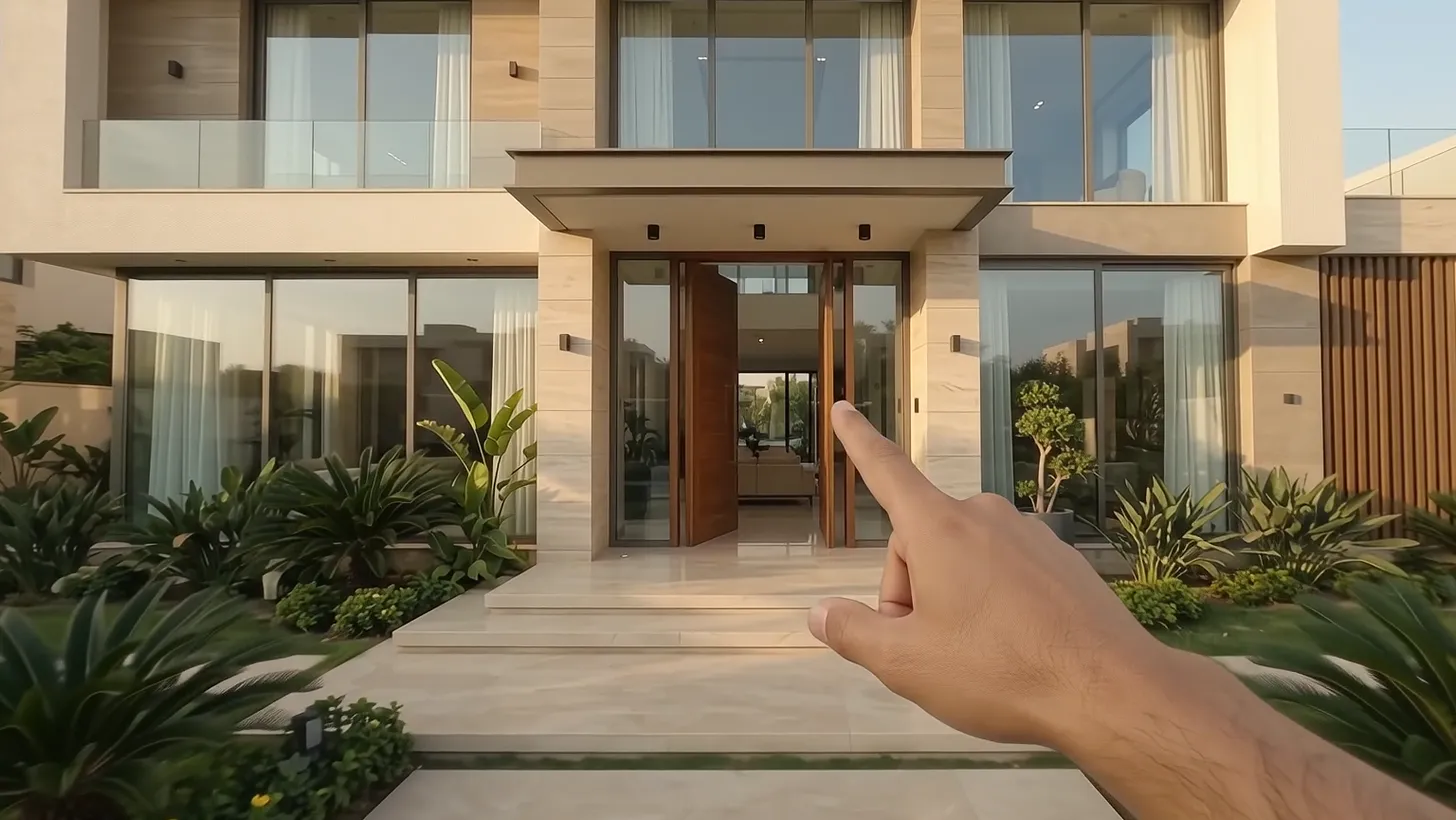 The front facade with its walnut door, framed by palms