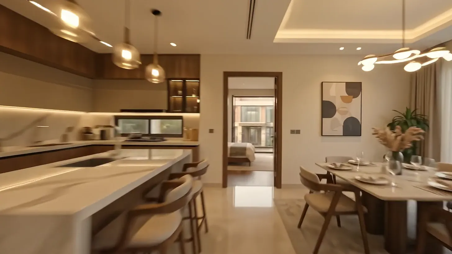 The marble island and pendant lights in the kitchen