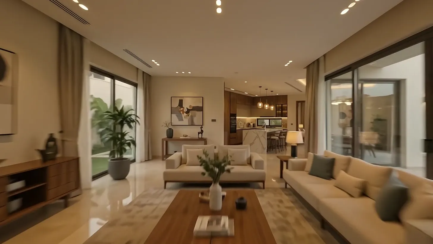 The living room: cream sofas, a walnut coffee table and full-height glass onto the garden