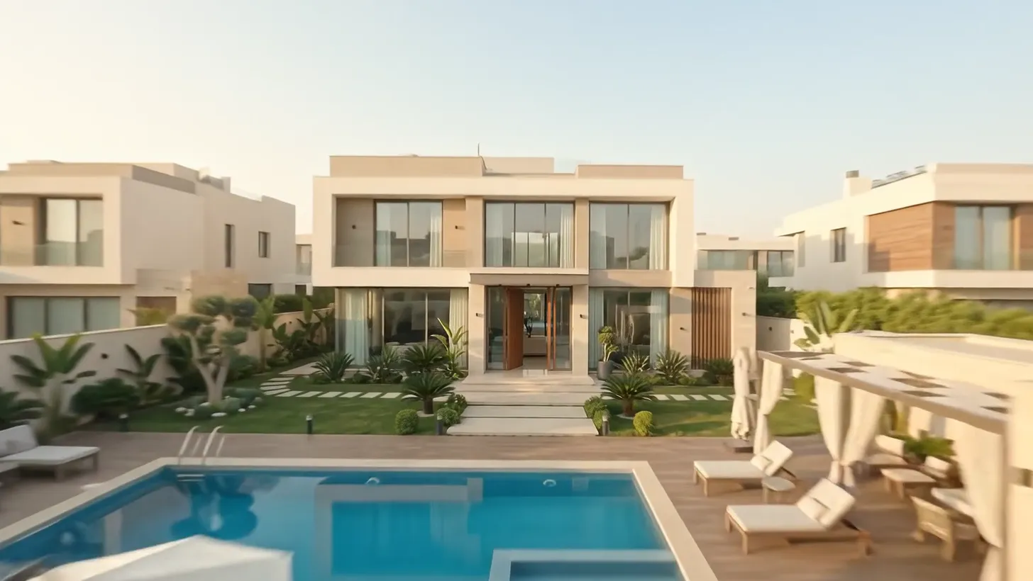 The pool and loungers behind the villa