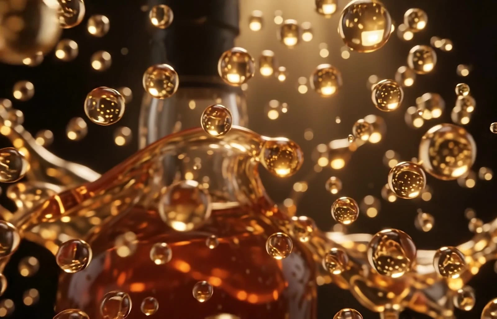 Sculptural amber liquid suspended around the bottle