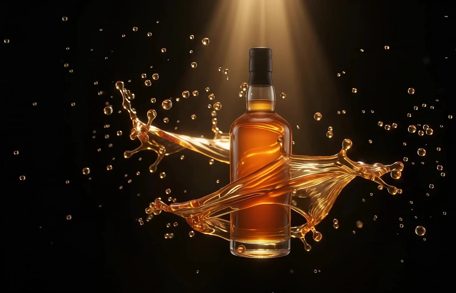 A bottle wrapped in a suspended wave of amber whisky