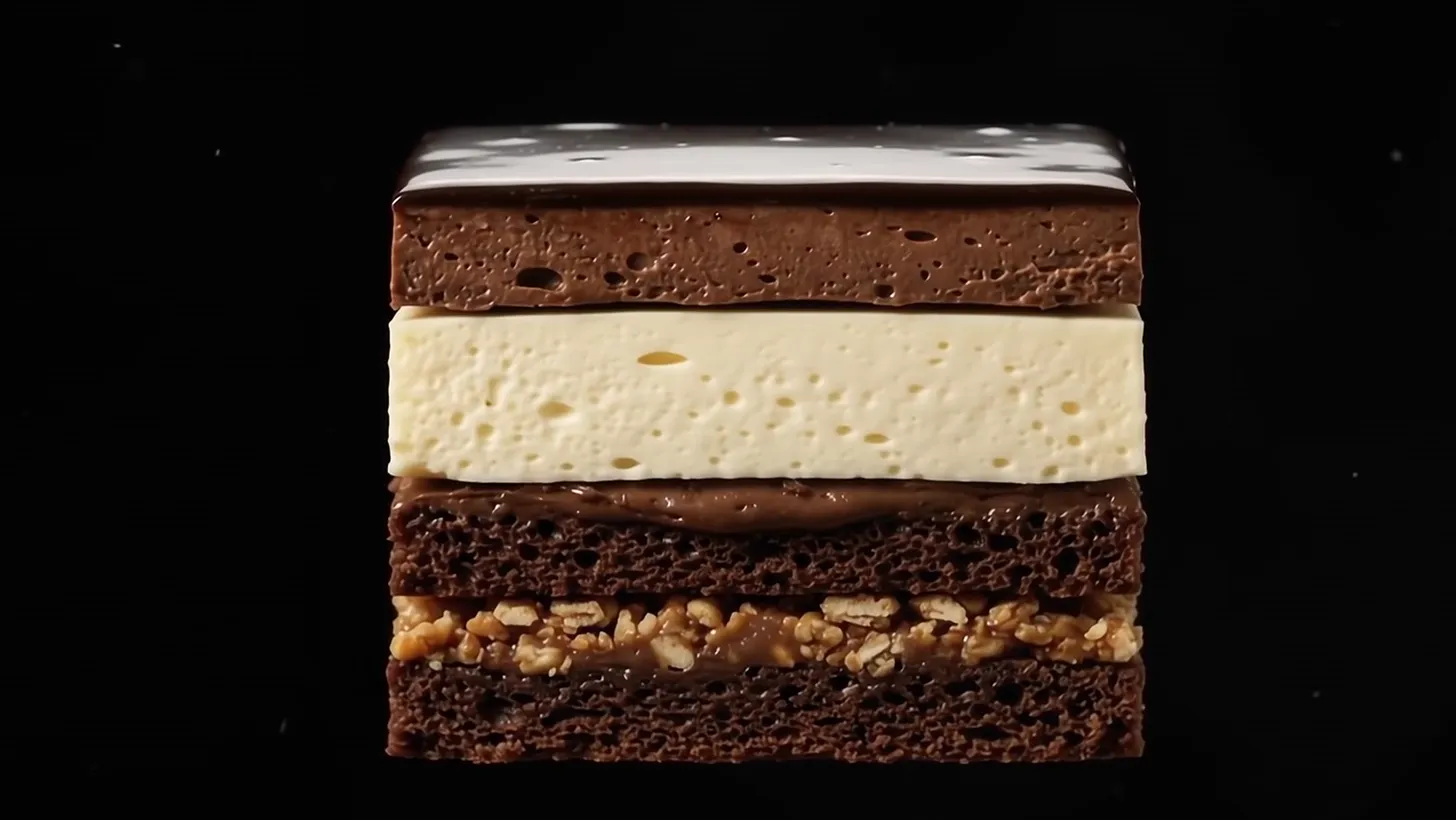 The slice with a pale vanilla crémeux layer in the middle