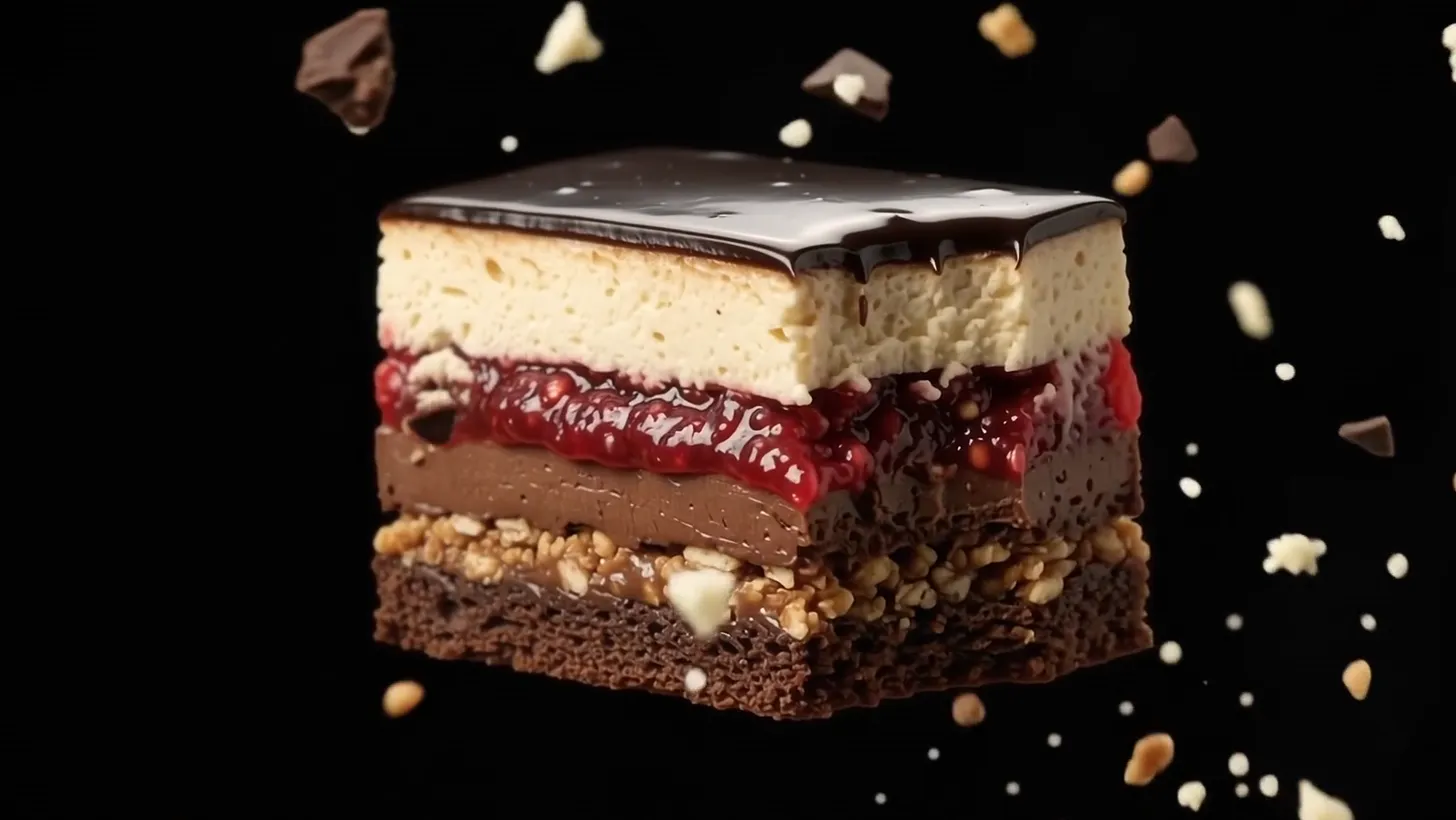 The slice with crumbs of chocolate and praline bursting around it