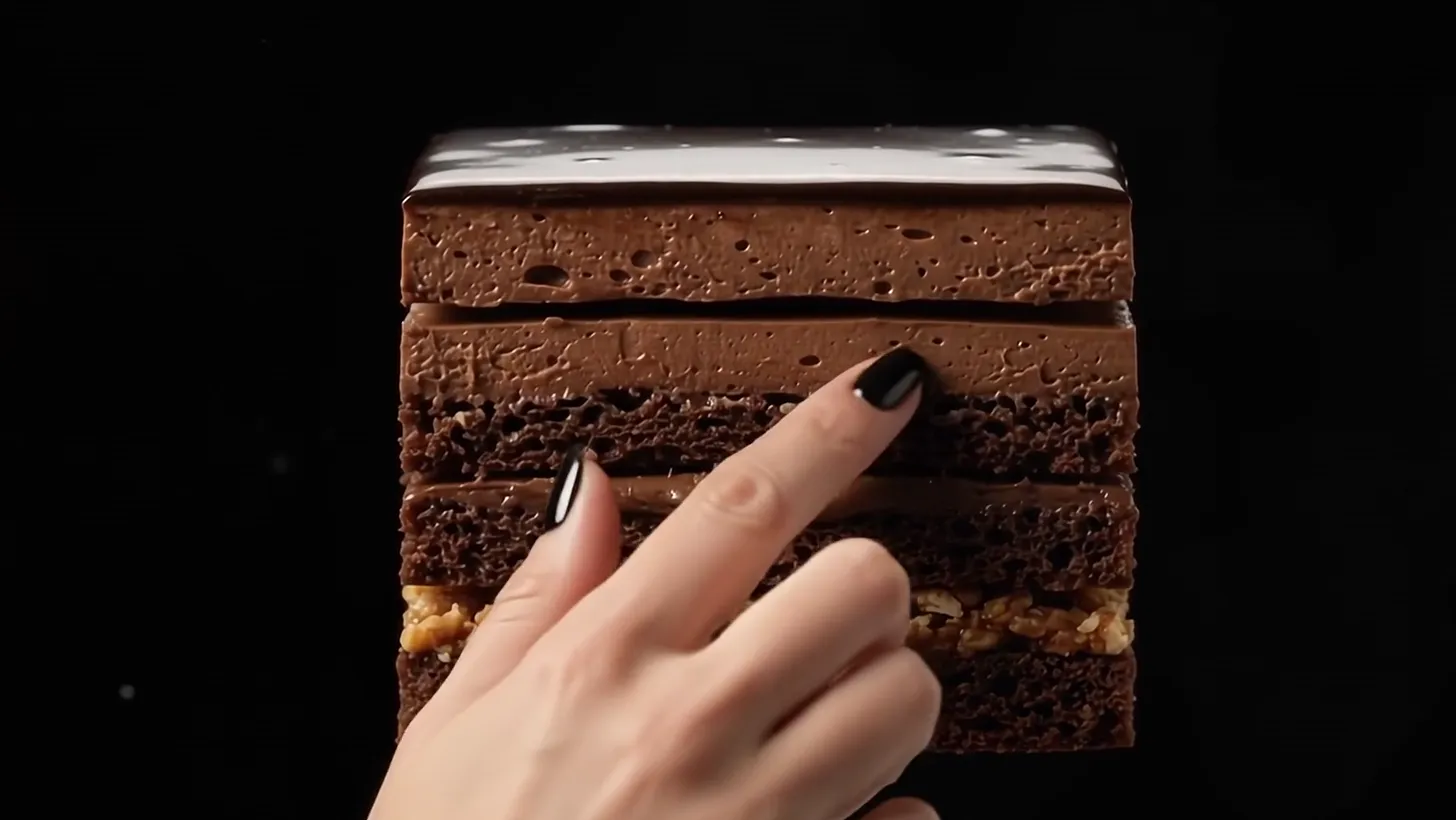 A hand sliding the chocolate middle layer out of the slice