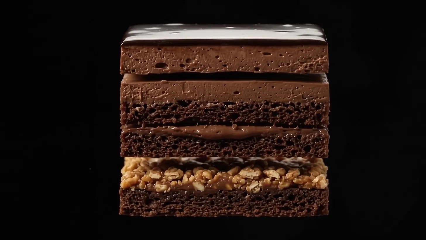 The dark chocolate slice floating on black: glaze, sponge, ganache and crunch