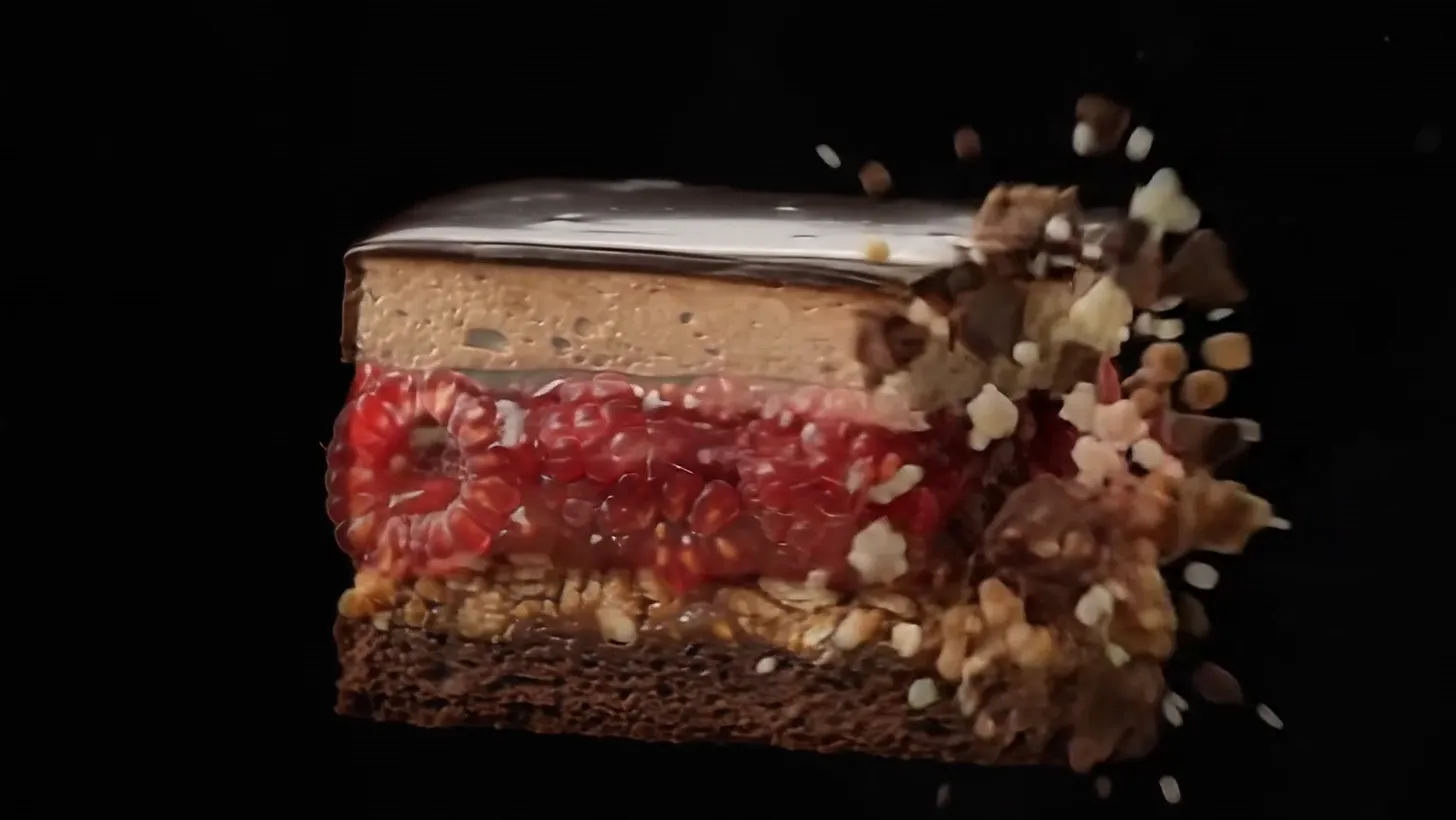 The finished slice turning, cream and raspberry layers visible