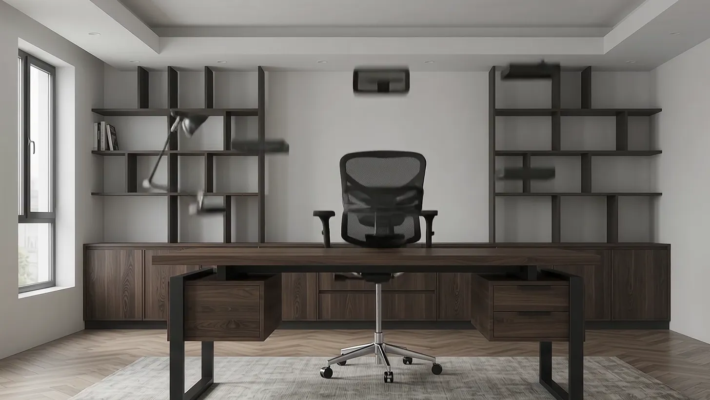 A mesh task chair set behind the desk while a lamp is placed on the shelf