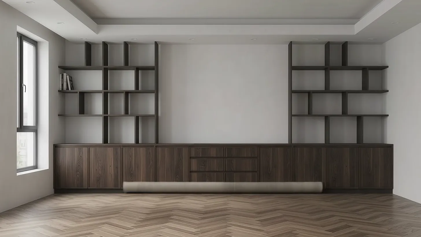 Oak herringbone floor laid in front of the credenza, a rug rolled up beside it