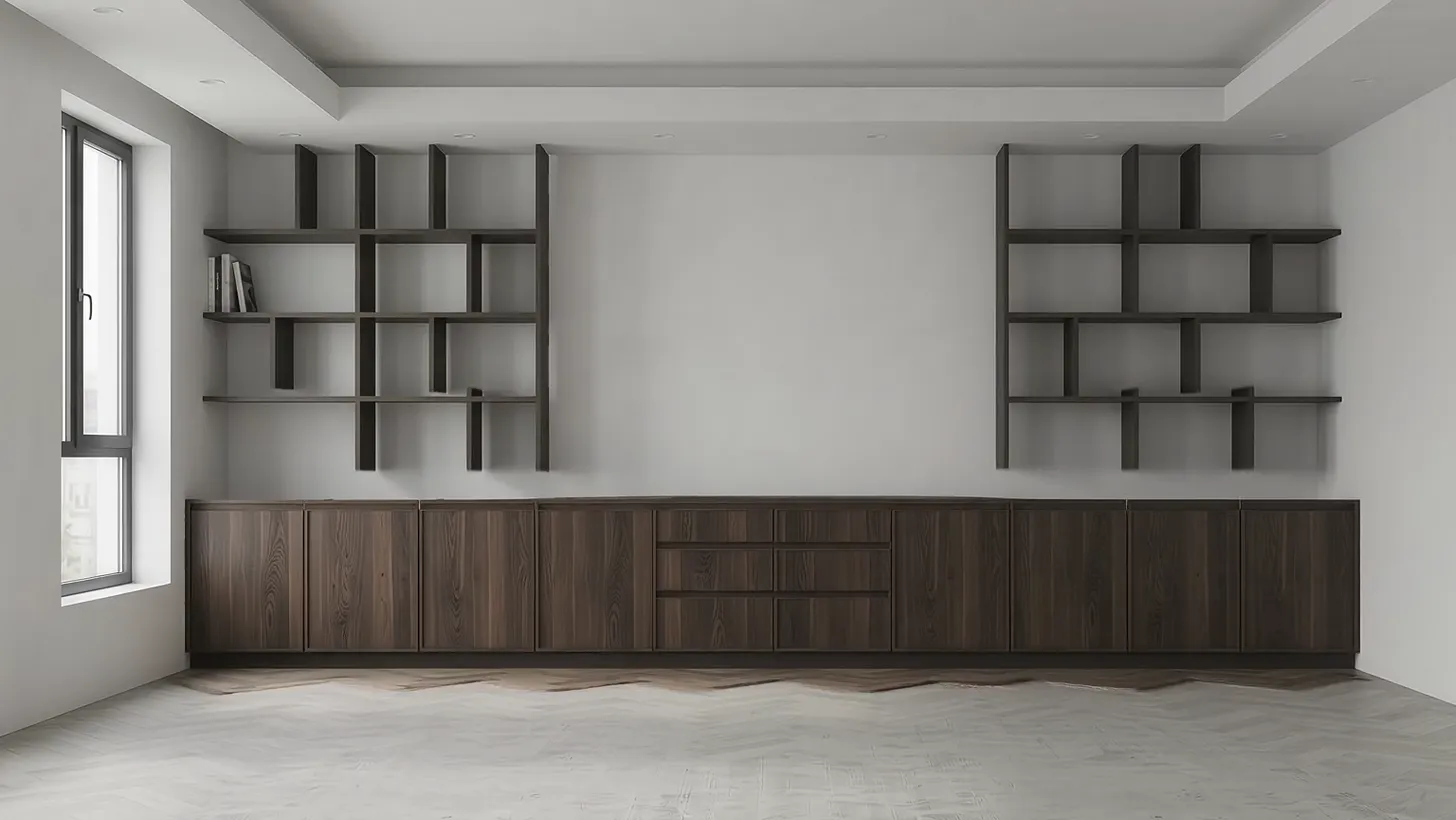 Dark walnut credenza and two open shelving frames fixed along the back wall