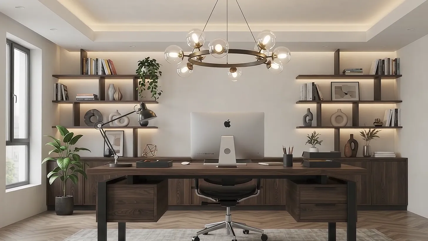 The finished study with a brass pendant lit and warm light glowing under the shelves