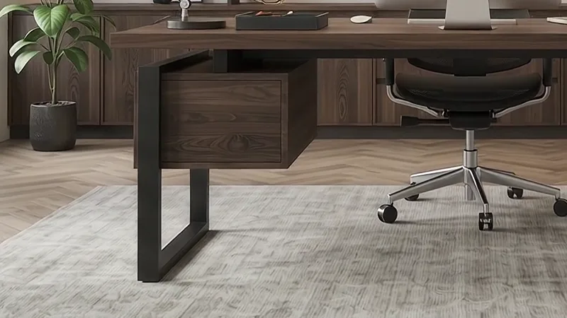 Blackened steel desk frame on a wool rug beside a potted plant