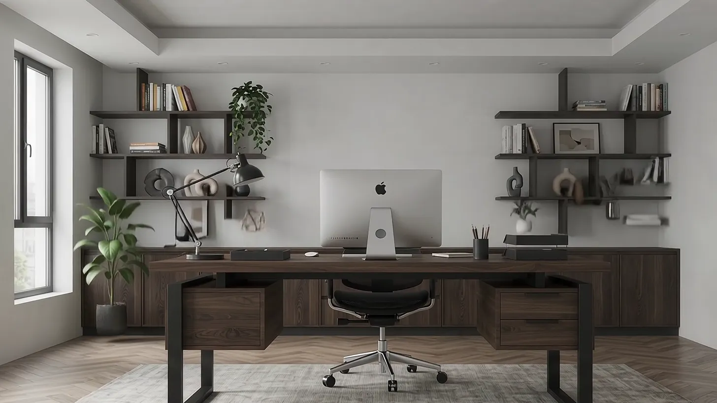 Books, vases, a lamp, plants and a screen now on the shelves and desk