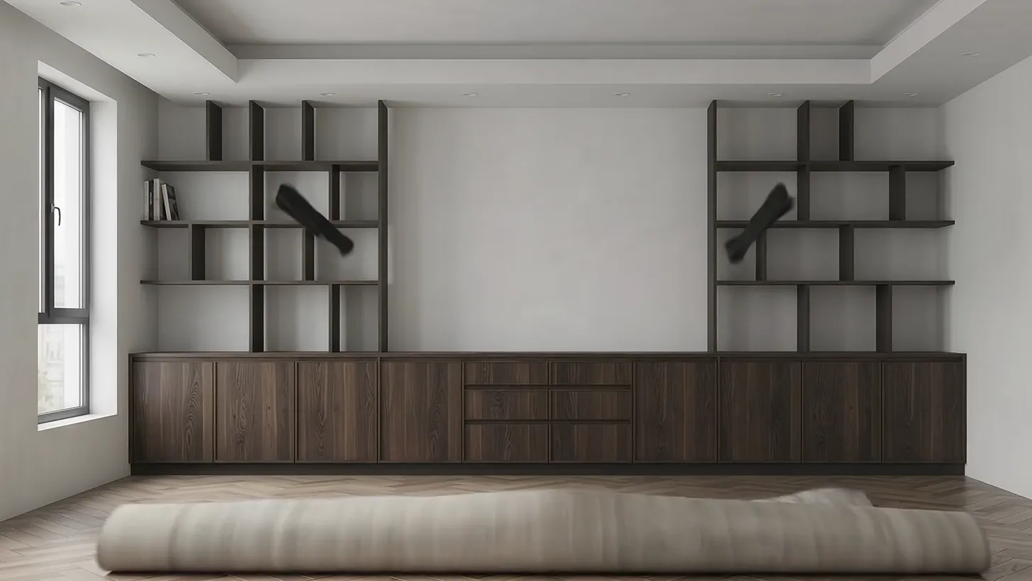 Credenza and shelves in a compact room with a rug being unrolled