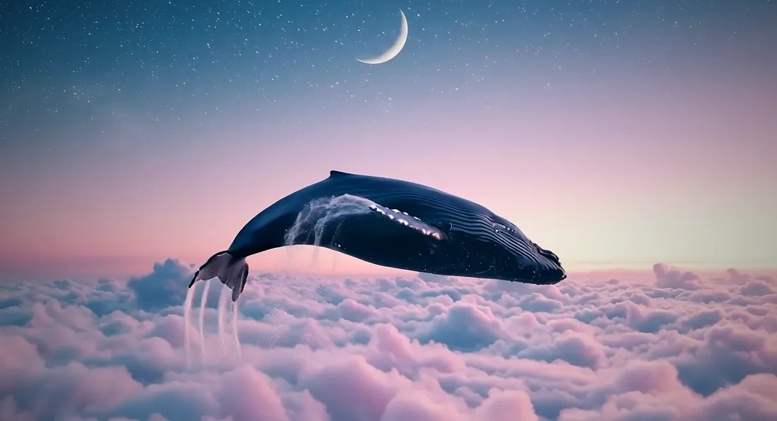 A whale rising through cloud beneath a crescent moon
