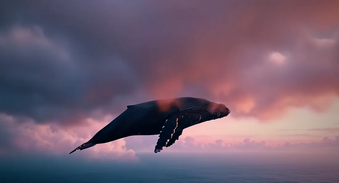 A whale gliding through open dusk sky