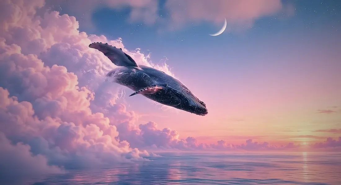 A whale descending toward a calm sea at sunrise