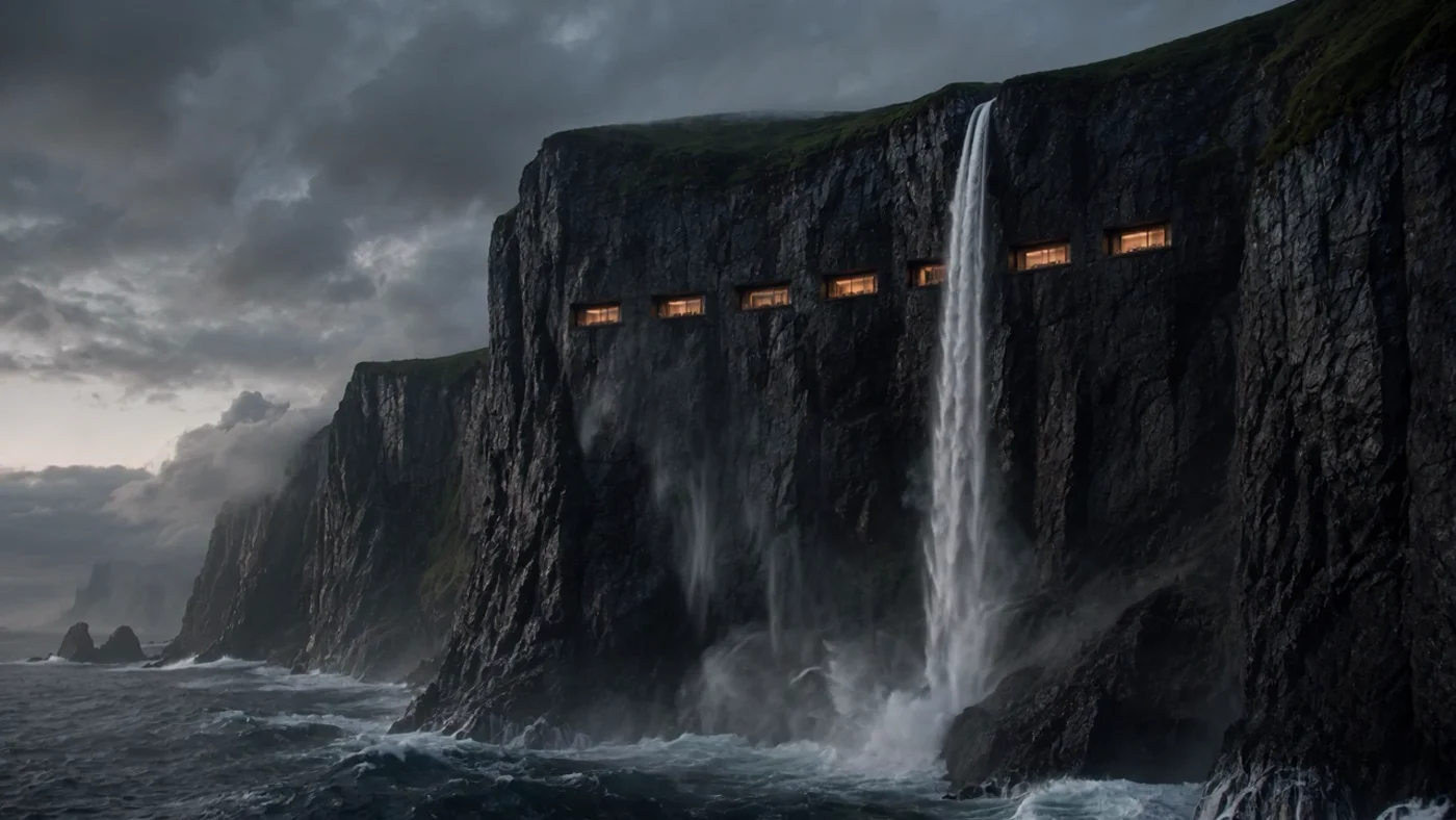 Lit ledges along the leeward cliff at dusk