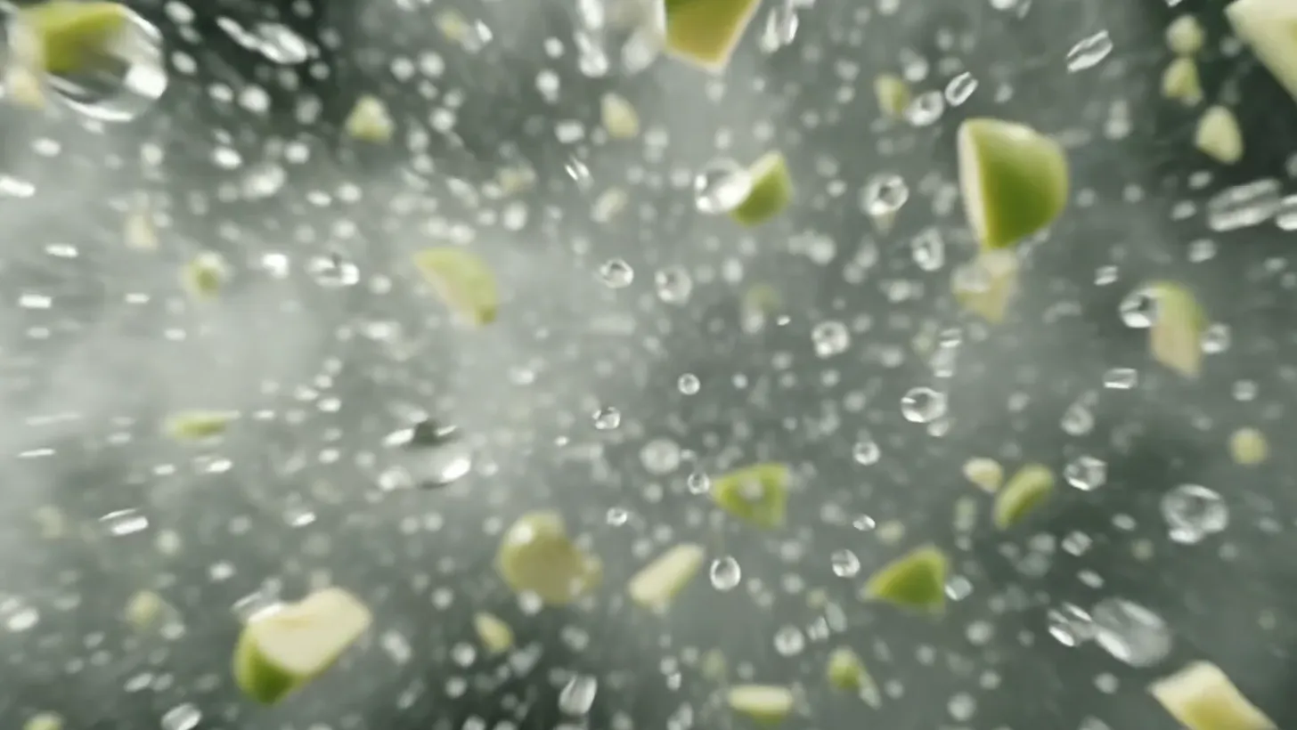 Apple pieces and water droplets bursting through mist